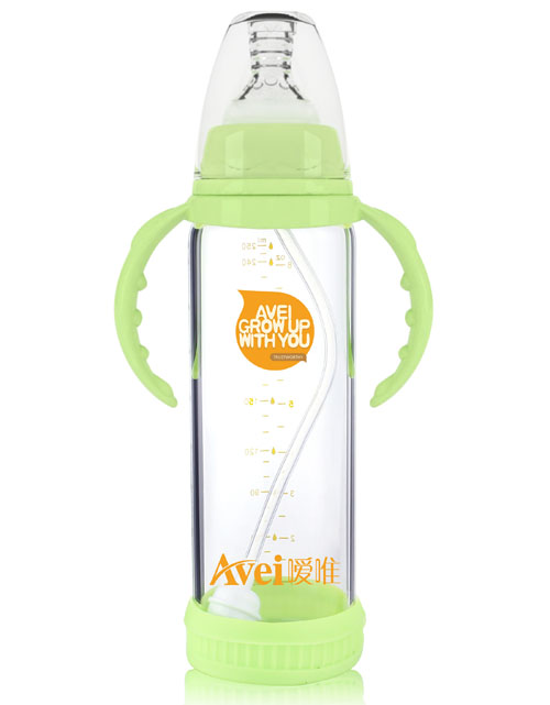 噯唯標(biāo)準(zhǔn)口徑帶柄自動(dòng)高硼硅玻璃奶瓶(250ml)(帶安全硅膠套）