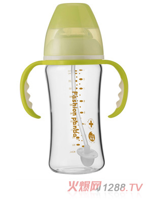 彩色熊貓寬口晶鉆防爆直身自動吸管奶瓶250ML