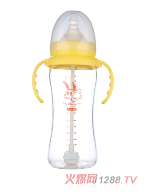 丘比兔玻璃寬口徑葫蘆型自動(dòng)把手奶瓶280ML黃色