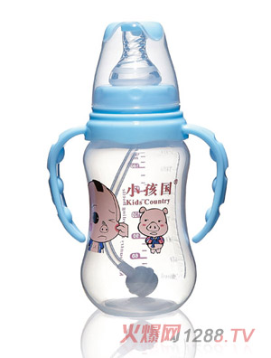 小孩國(guó)標(biāo)口自動(dòng)弧形PP安全奶瓶藍(lán)色210ML